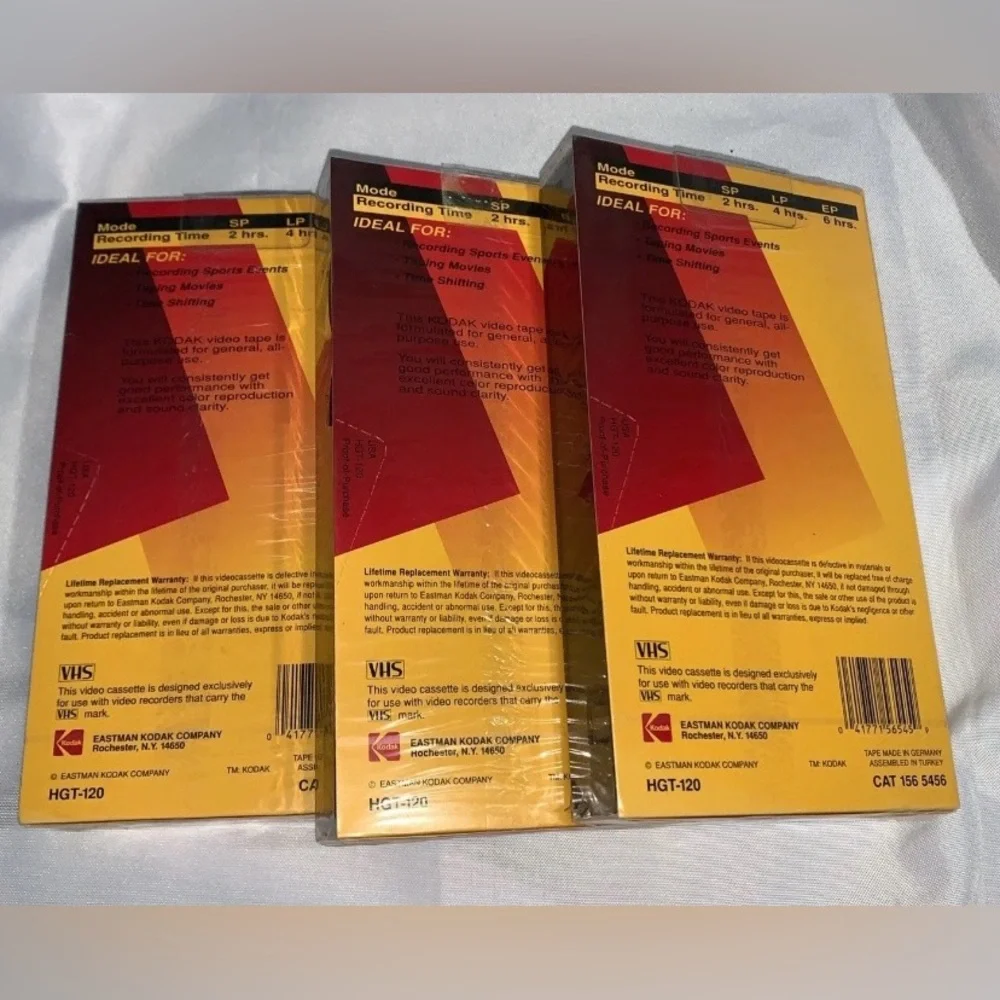 3 New In Package T-120 High Grade Blank Kodak VHS Video Tapes
